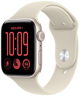 Apple Watch SE 3, kast van aluminium, kleur sterrenlicht, wijzerplaat Modulair, complicaties: dag en datum, Work-outs, Activiteit-ringen, temperatuur, rechterkant, Digital Crown, zijknop, sportbandje, kleur zand