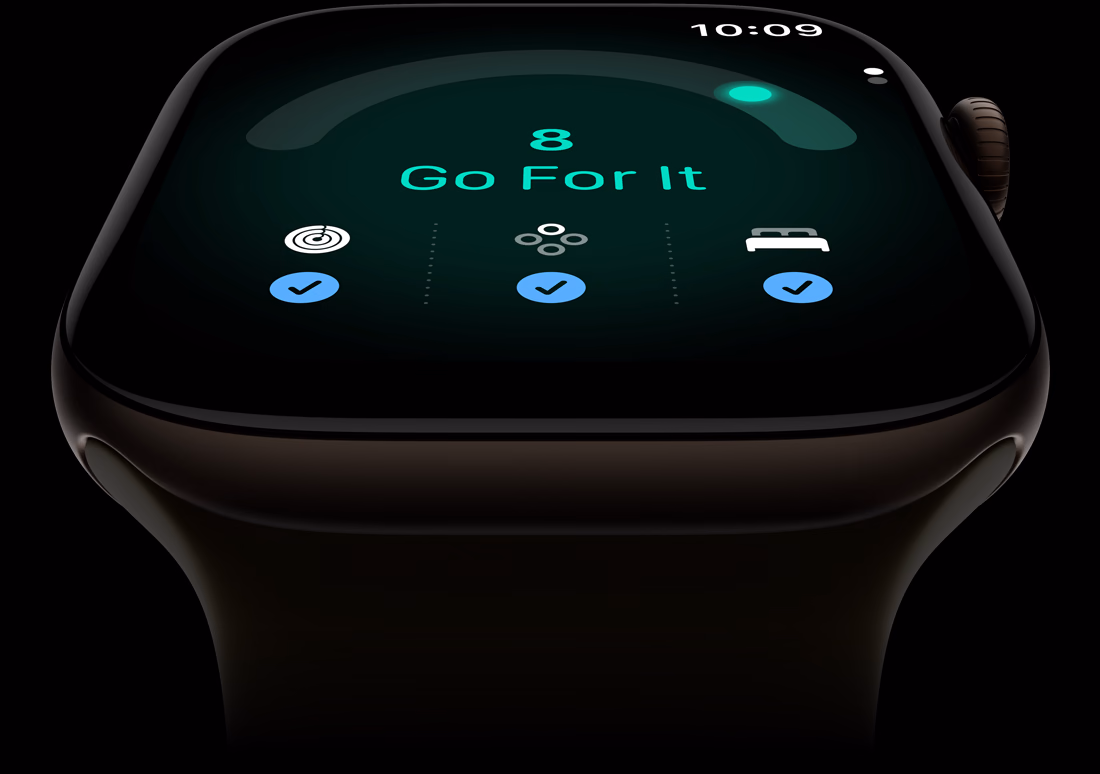 Apple Watch Series 12, kast van aluminium, kleur donkerbrons, gereedheidsscore van 8, rechterkant, Digital Crown, sportbandje, kleur olijfgroen