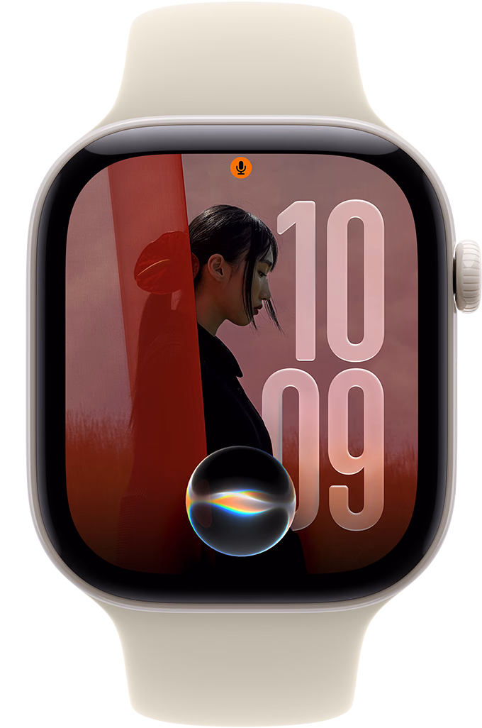 Apple Watch Series 12, Keramikgehäuse, Farbe Perlweiss, Fotos Zifferblatt mit Siri Symbol, rechte Seitenansicht, Digital Crown, Sportarmband, Farbe Sand
