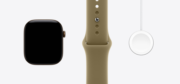 Apple Watch Series 12, aluminium case, dark bronze colour, front exterior, edge-to-edge display, olive Sport Band, Apple Watch Magnetic Fast Charger to USB-C Cable