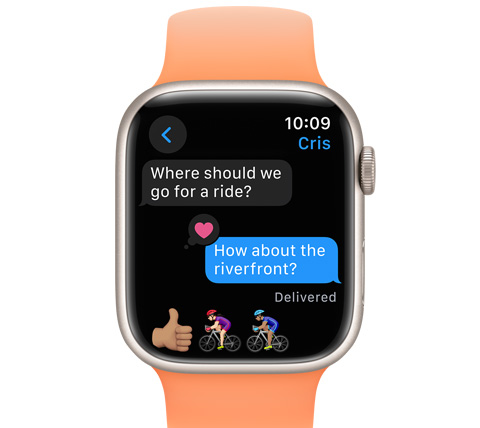Vedere frontala a unui Apple Watch cu un mesaj text.