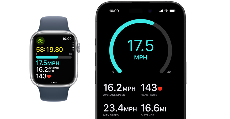 Een vooraanzicht van een Apple Watch en een iPhone. Iemand is aan een work‑out begonnen op Apple Watch en de bijbehorende gegevens zijn op de iPhone van die persoon verschenen.