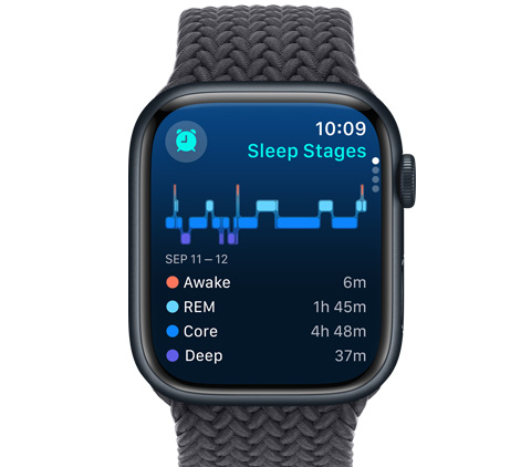 Een vooraanzicht van een Apple Watch SE met Slaapfases.
