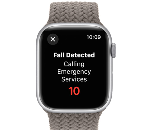 Vorderansicht einer Apple Watch mit einer Nachricht, dass in 10 Sekunden ein Notdienst gerufen wird.