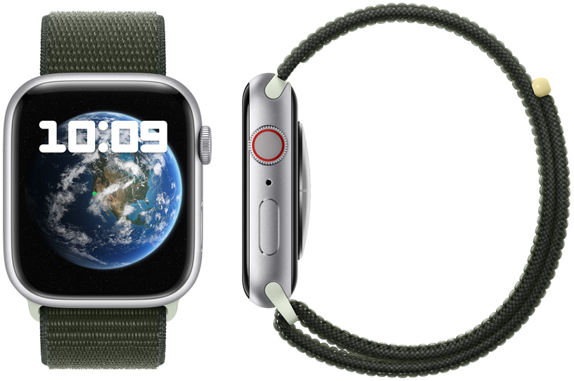 Obrázek uhlíkově neutrálního pouzdra a řemínku Apple Watch.