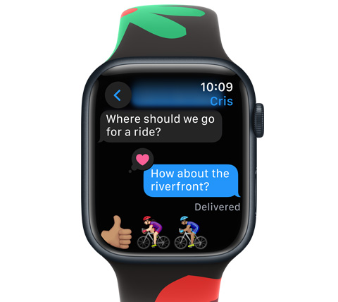 A front view of an Apple Watch with a text message.