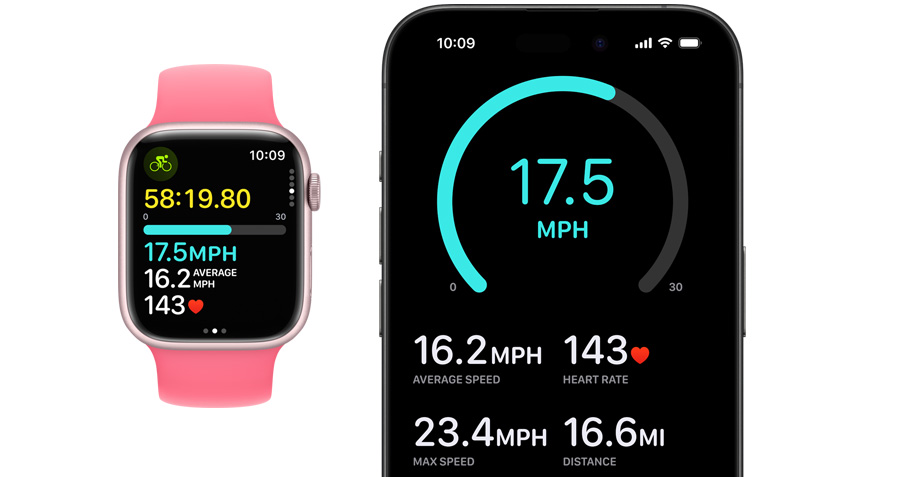 Tampak depan Apple Watch dan iPhone. Seseorang memulai olahraga di jam yang ditampilkan di iPhone.
