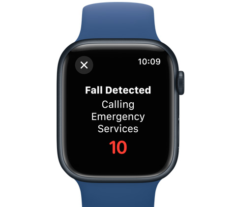 Vedere frontală a unui Apple Watch pe care apare mesajul că serviciile de urgență vor fi apelate în 10 secunde.
