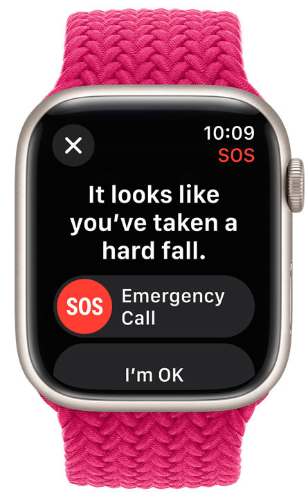Vedere frontală a unui Apple Watch cu funcția S.O.S. activată.