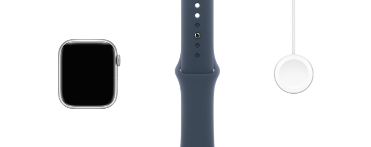 Colocados en fila: parte frontal del hardware de un Apple Watch Series 9, una correa deportiva azul tormenta y un cable de carga magnética rápida con conector USB-C.