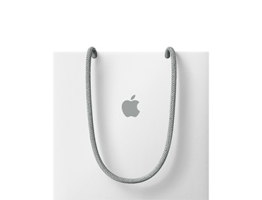 White Apple bag, gray rope handles, gray Apple logo centered