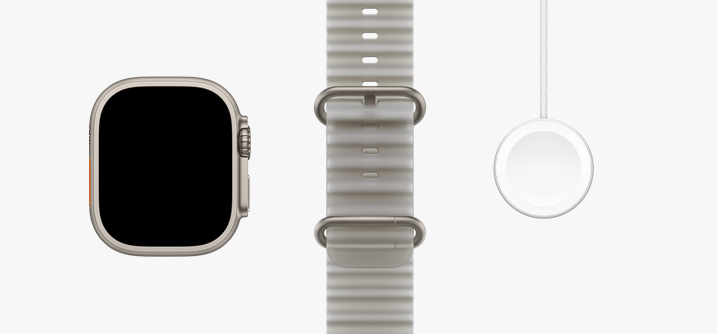 Apple Watch Ultra 4, Titangehäuse Farbe Natur, All-Screen Display, Ocean Armband Halbtransparentes Grau, Apple Watch Magnetisches Schnellladegerät auf USB‑C Kabel