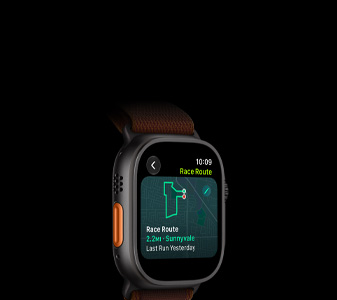 Apple Watch Ultra 4, titanium case, black color, Race Route feature with a map of a running route, left side exterior, Action button, Alpine Loop band, burgundy color