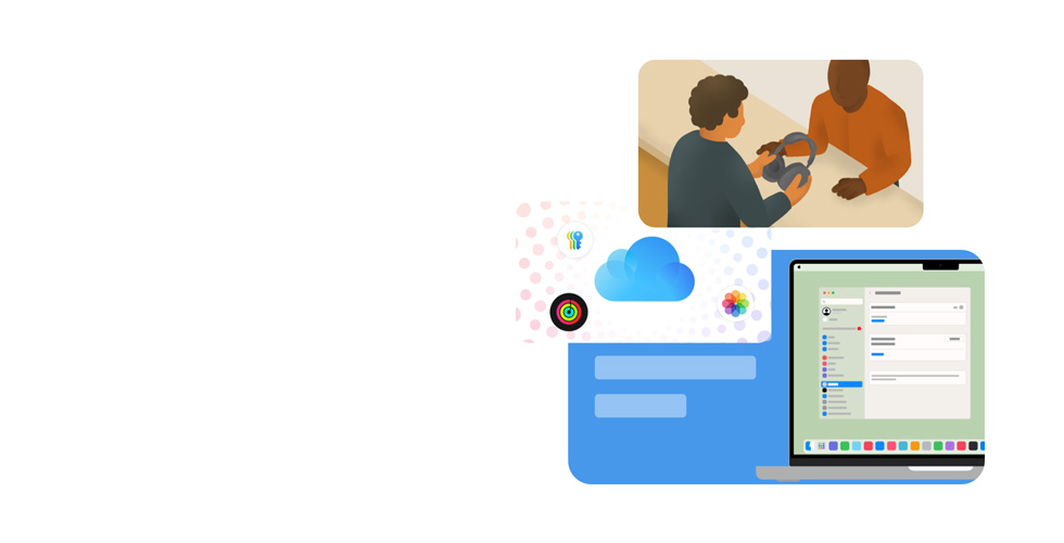 Hình minh họa cách điệu của một chuyên gia Apple đang cầm tai nghe của khách hàng. Bên dưới đó là hình vẽ màn hình MacBook thể hiện giao diện Cài Đặt Hệ Thống, bao quanh là các biểu tượng minh họa cho Mật Khẩu, iCloud, Apple Fitness và Ảnh.