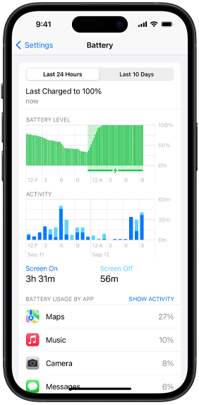 运行 iOS 15 的 iPhone 12 屏幕上显示电池百分比为 100%
