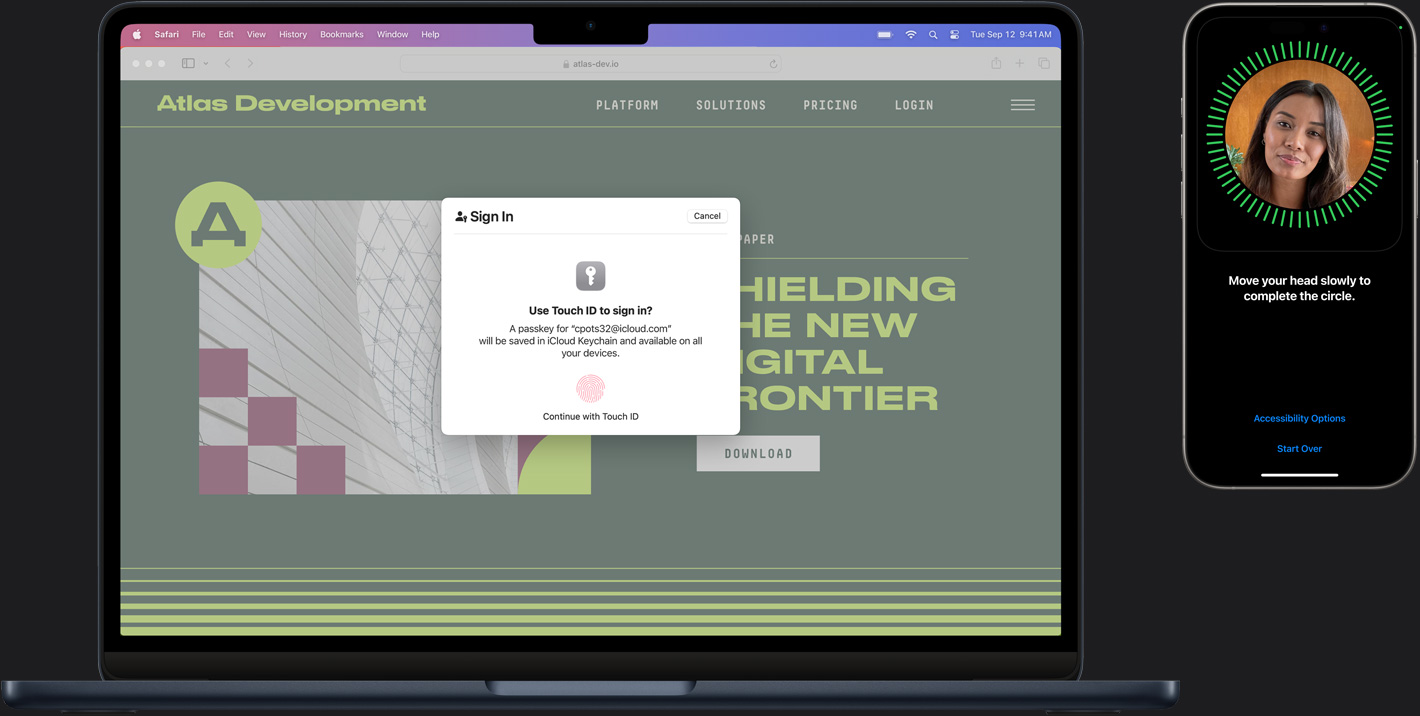 Um Mac e um iPhone com diferentes elementos do Touch ID para iniciar sessão com segurança.