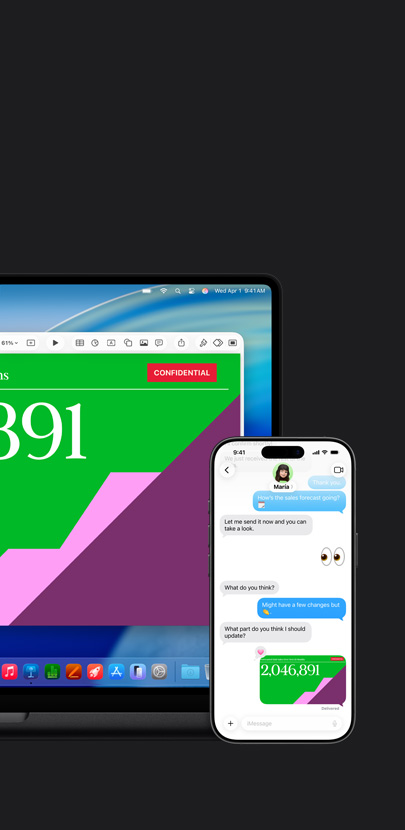 A Mac shows a presentation and macOS Tahoe wallpaper. In front of the Mac is an iPhone with the same presentation inside a text message exchange.