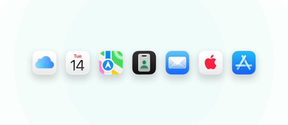 A lineup of business-related apps and tools including iCloud, Calendar, Maps, Apple Business, Mail, Apple Care, and App Store