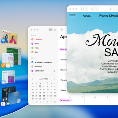 Multiple windows and apps displayed on macOS Tahoe screen including Keynote, Pages, Mail, and a website featuring content about a serene sanctuary.