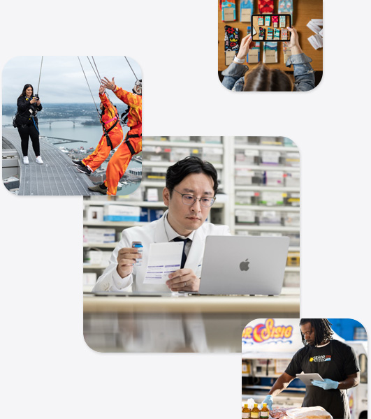 様々なスモールビジネスの画像：白衣を着てMacBookの画面を確認している薬剤師、バンジージャンプをしようとしている2人の写真をiPhoneで撮影しているインストラクター、iPadを片手に食材を確認している男性、テーブルに並べた靴下の写真をiPadで撮影している女性。
