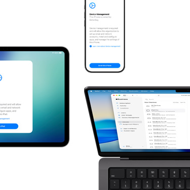 iPad, iPhone et MacBook affichant divers composants d’Apple Business Manager.