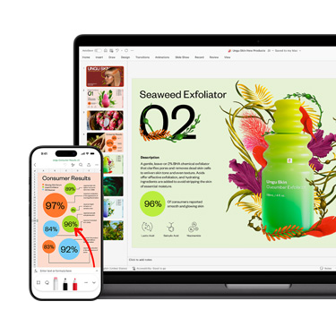 Front view of an Mac and an iPhone displaying different sections of the same vibrant and colorful presentation focused on a skincare product.