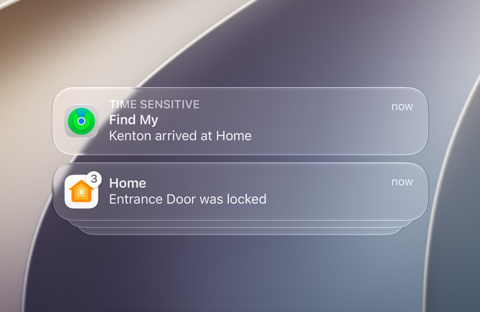 Lock screen with notifications from Find My and Home.