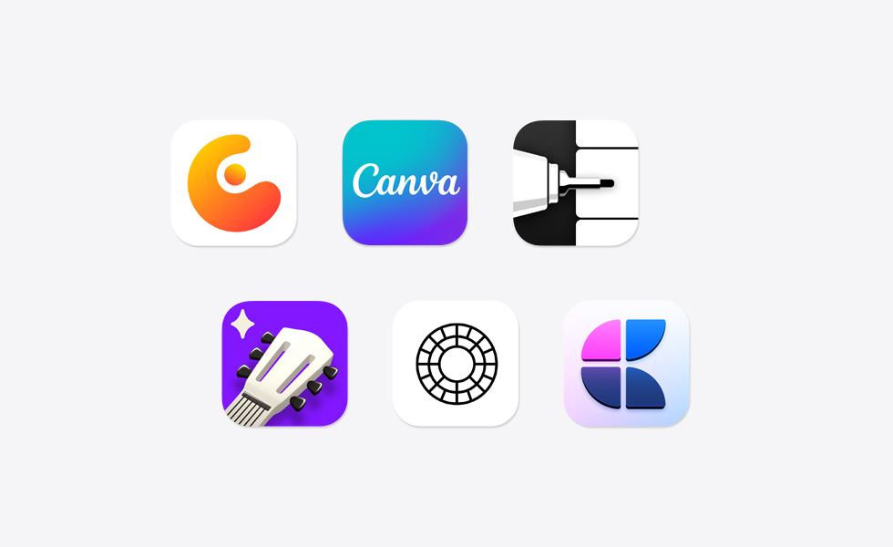 Verschiedene App-Symbole in einer verstreuten Anordnung, darunter Concepts, Canva, Flow Note Taking, Simply Guitar, VSCO und Craft