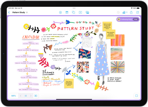 In der Freeform App auf dem iPad werden mehrere Haftnotizen auf einem Board mit dem Titel „Pattern Study“ angezeigt
