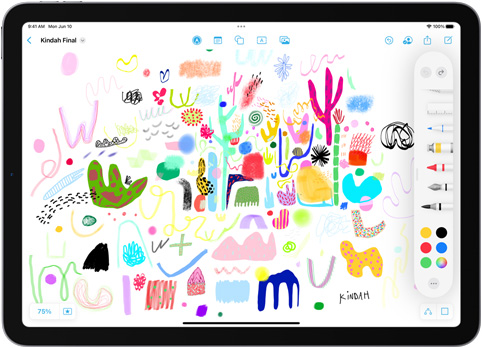 Auf einem iPad ist die Zeichenwerkzeugleiste in der Freeform App über einer bunten Zeichnung geöffnet