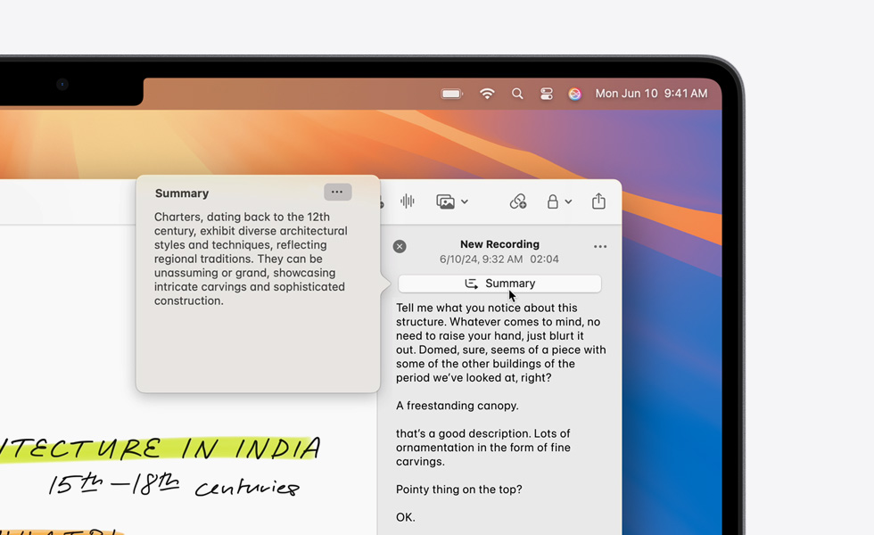 Die Zusammenfassung einer Audio-Transkription in der Notizen App auf einem MacBook, erstellt mit dem Apple Intelligence Tool für Zusammenfassungen