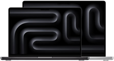 MacBook Pro laptops, smaller one in front of larger one, open, silver and black wallpaper with geometric design.