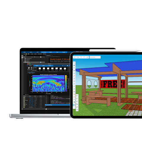 Mac screen showing MATLAB, iPad screen showing Shapr3D