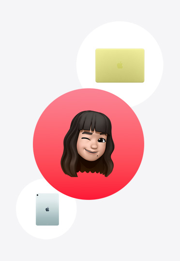 Apple Watch, MacBook, iPad, surrounding a Memoji in red circle.