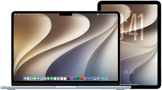MacBook on left, iPad on right, screen displaying similar wavy gold shape wallpaper