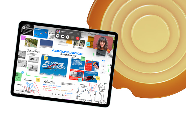iPad, front view, displaying various topics and sketches within Freeform, including "Aerodynamics" and "Flying on Skis"
