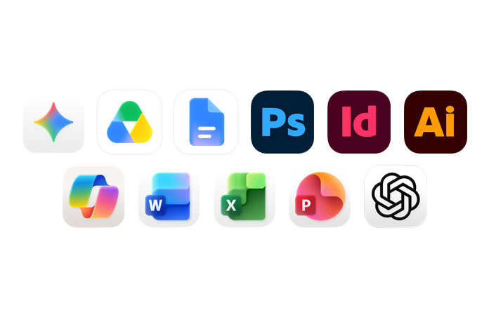 Row of icons including Gemini, Google Drive, Google Docs, Adobe Photoshop, Adobe InDesign, Adobe Illustrator, Microsoft Copilot, Microsoft Word, Microsoft excel, Microsoft Powerpoint, and ChatGPT
