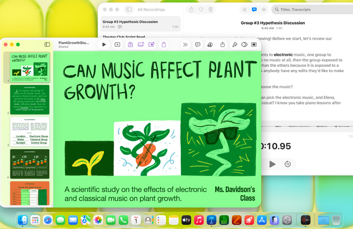 A Mac screen shows a Keynote presentation titled “Can Music Affect Plant Growth?” alongside a Voice Memos transcript, nodding to versatility
