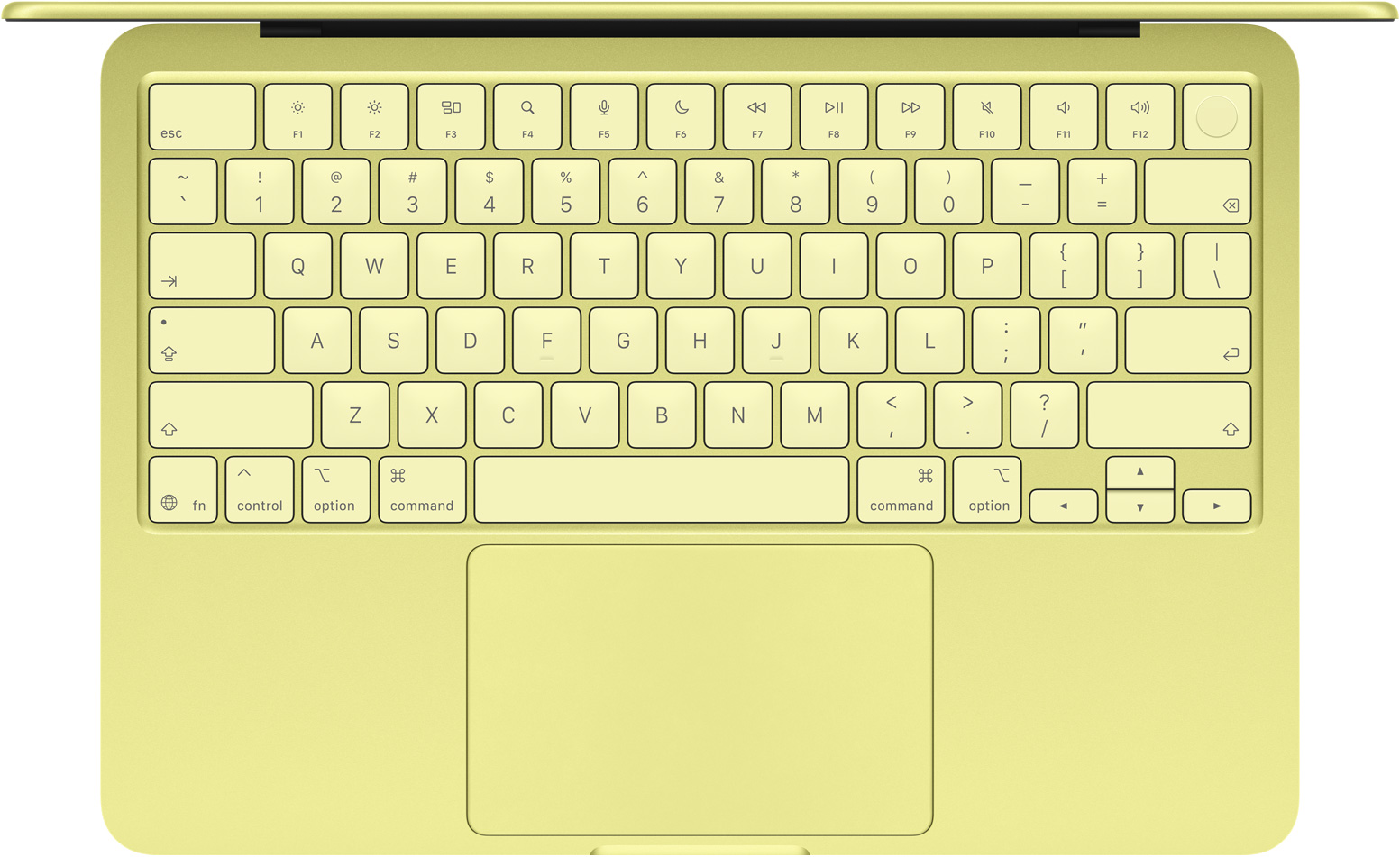 MacBook Neo, top view, keyboard, full-size function key row, Touch ID button, trackpad, citrus colour