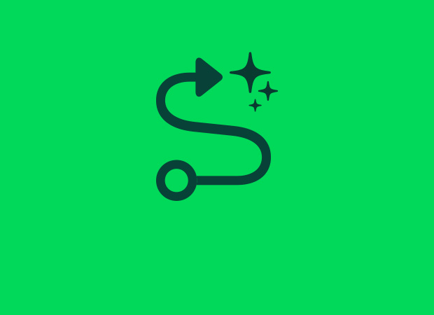 A black S shape with a circle at one end and an arrow at the other, with sparkles next to the arrow, on a green background