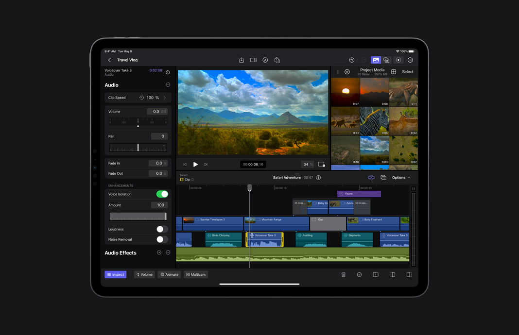 iPad Pro에서 iPad용 Final Cut Pro로 오디오를 조정해 배경 노이즈를 제거하고 있는 모습.