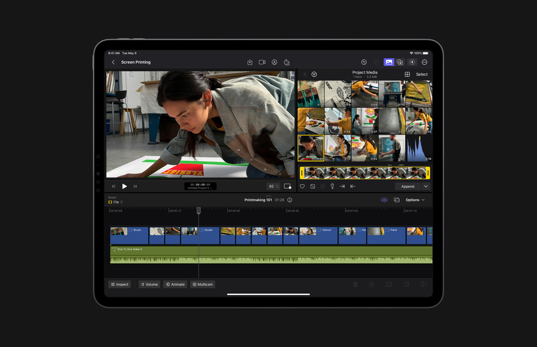 iPad용 Final Cut Pro의 브라우저에 여성 화가의 영상이 바로 저장되었음을 보여주는 iPad Pro 화면.