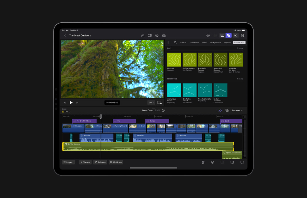 iPad Pro에서 iPad용 Final Cut Pro의 오디오 타임라인을 클로즈업한 화면.