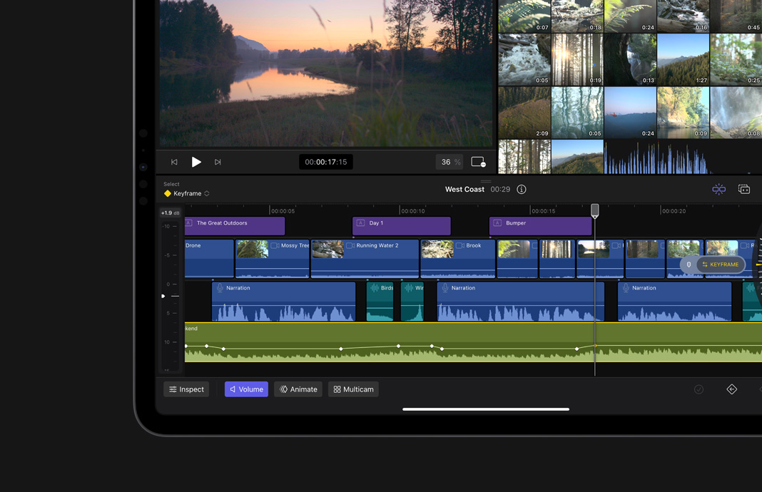 在 iPad Pro 的 iPad 版 Final Cut Pro，展示已設定關鍵影格的動畫影片。