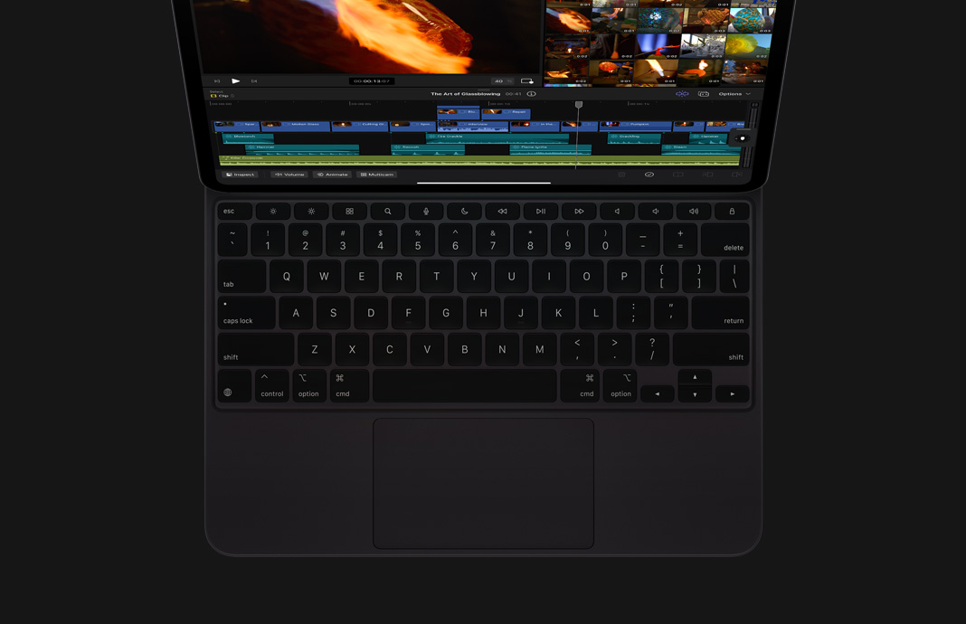 iPad Pro com Magic Keyboard preto e Final Cut Pro para iPad.