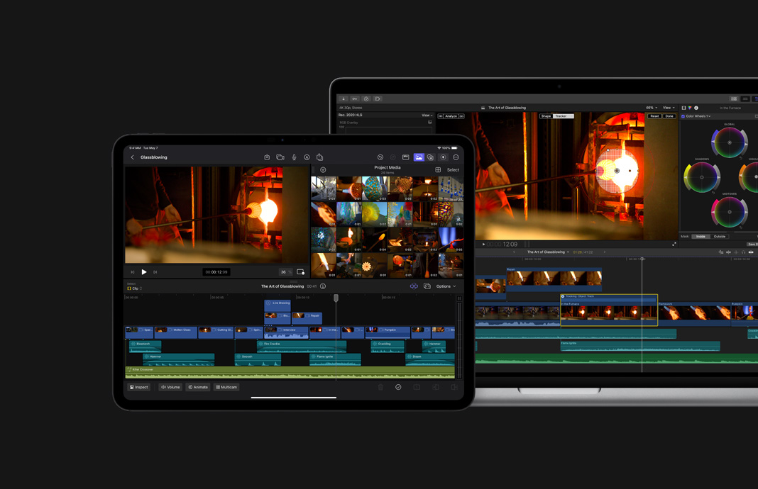 Filmagem de vidro soprado mostrada lado a lado no iPad e no Mac. Apple Pencil com a tela do título de um vídeo no Final Cut Pro para iPad ao lado do MacBook Pro com o mesmo vídeo sendo editado no Final Cut Pro.