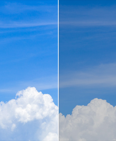 Imagem em duas partes de nuvens no céu mostrando antes e depois do uso da ferramenta de gradação de cores