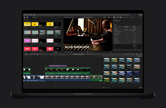 MacBook Pro de 16 polegadas, edição de videoclipe mostrando a variedade de títulos e efeitos disponíveis, o título é Allie Sherlock