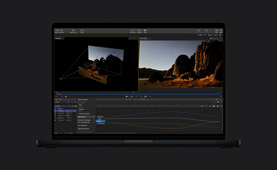 MacBook Pro de 16 polegadas, montanhas demonstrando a edição de quadro principal