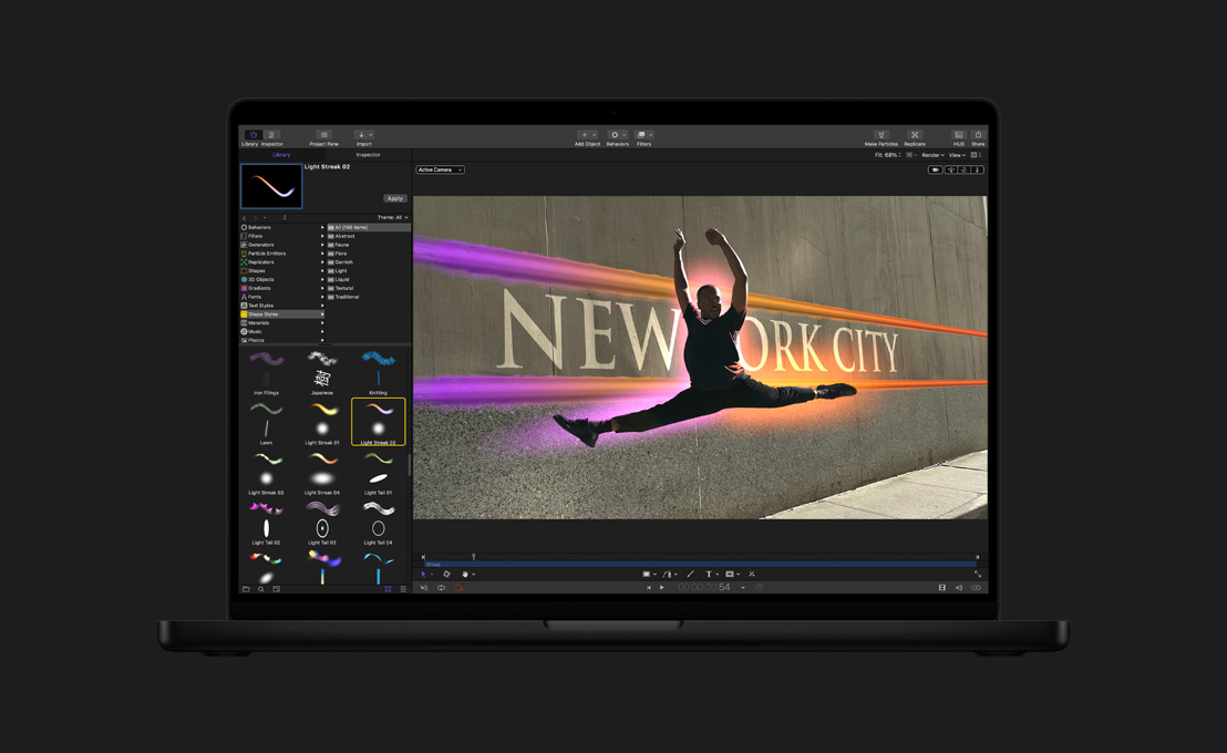 MacBook Pro de 16 polegadas, um dançarino dando um salto com uma auréola ao seu redor, demonstração da ferramenta de desenho